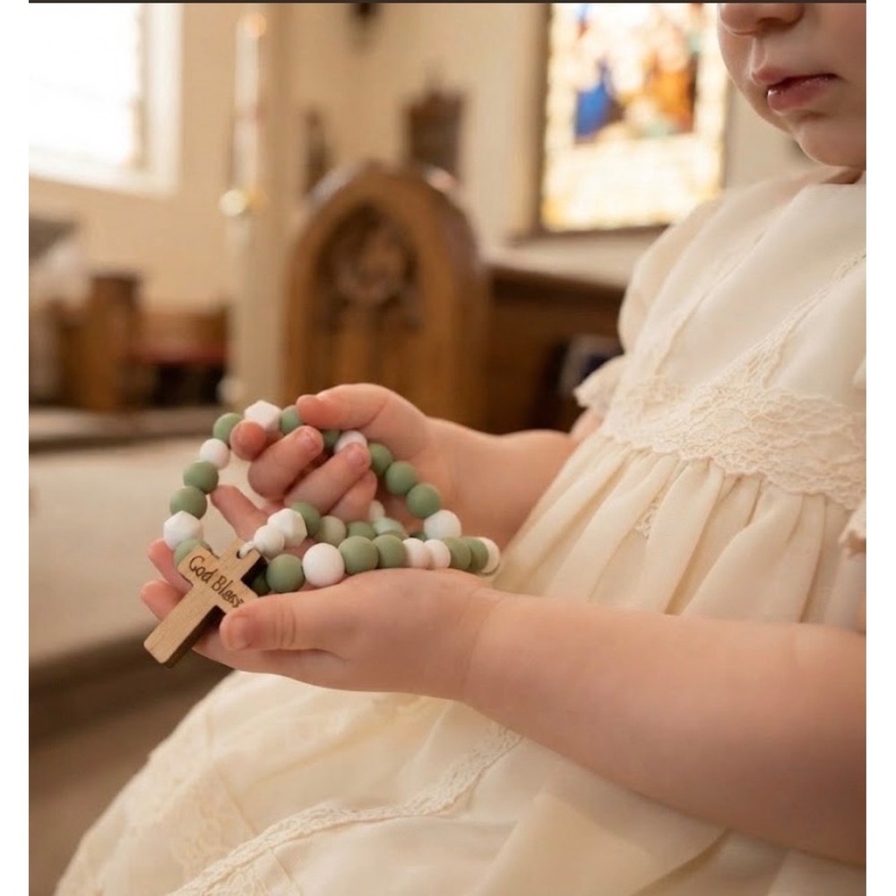 Engraved Wood Cross Silicone Baby Rosary Keepsake